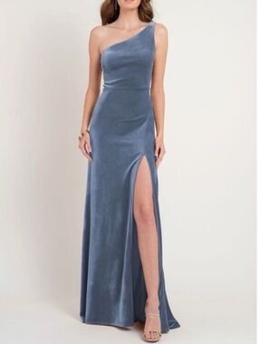 BHLDN x Jenny Yoo Cybill Velvet Maxi Dress Sz 4 Blue One Shoulder Neck Line Gown